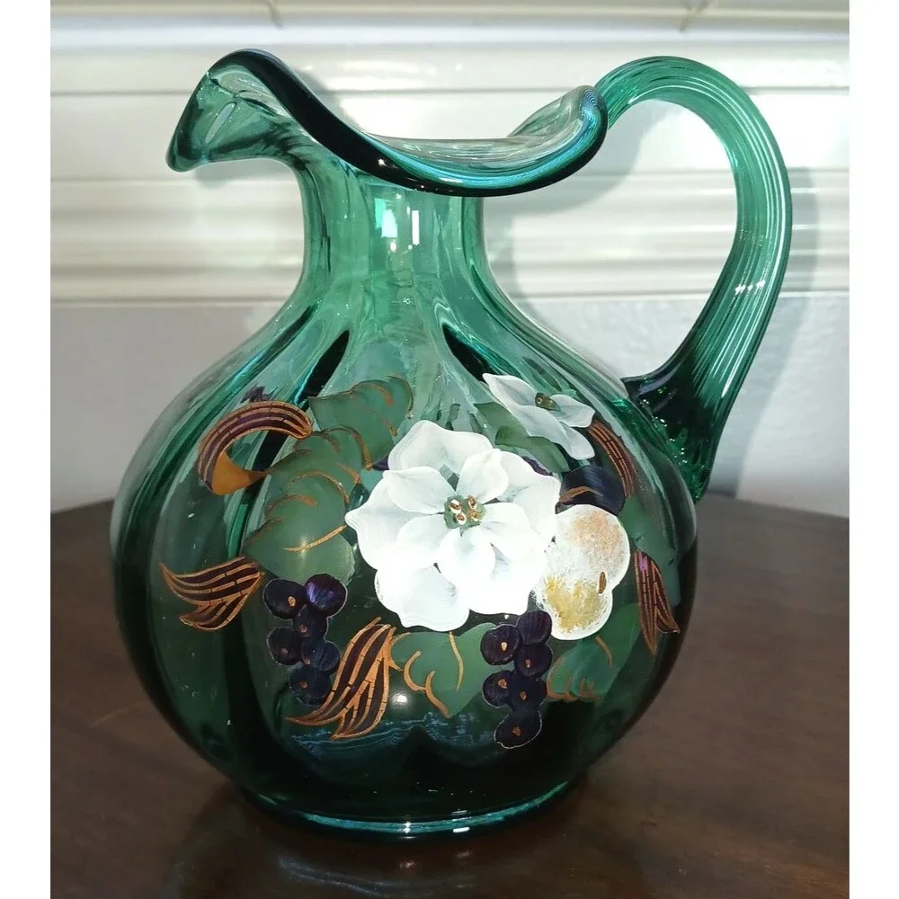 Fenton Seafoam Green Pitcher Floral Art Glass 7